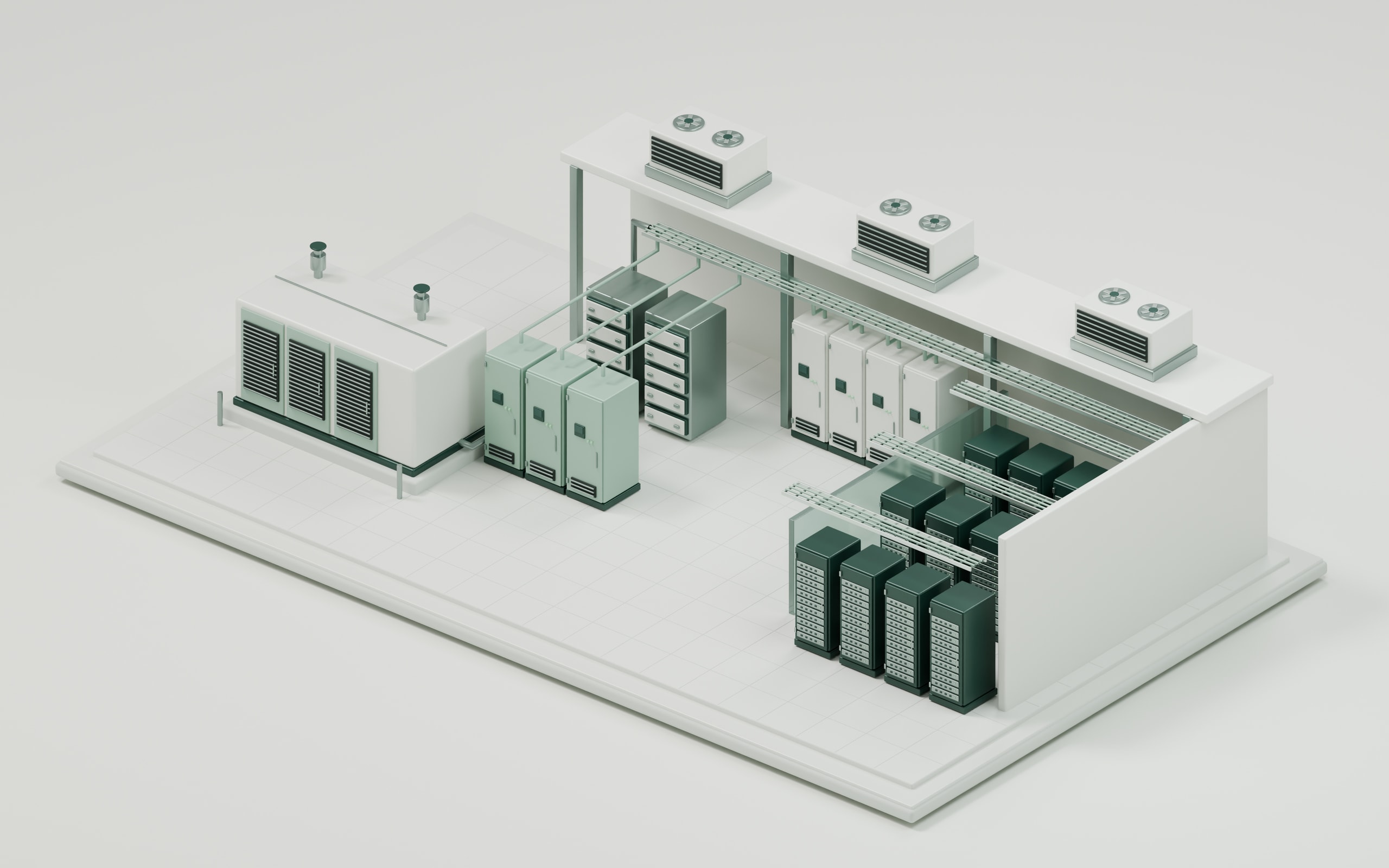 Data centre infrastructure concept with server racks, UPS units, batteries, switchgear and generator equipment
